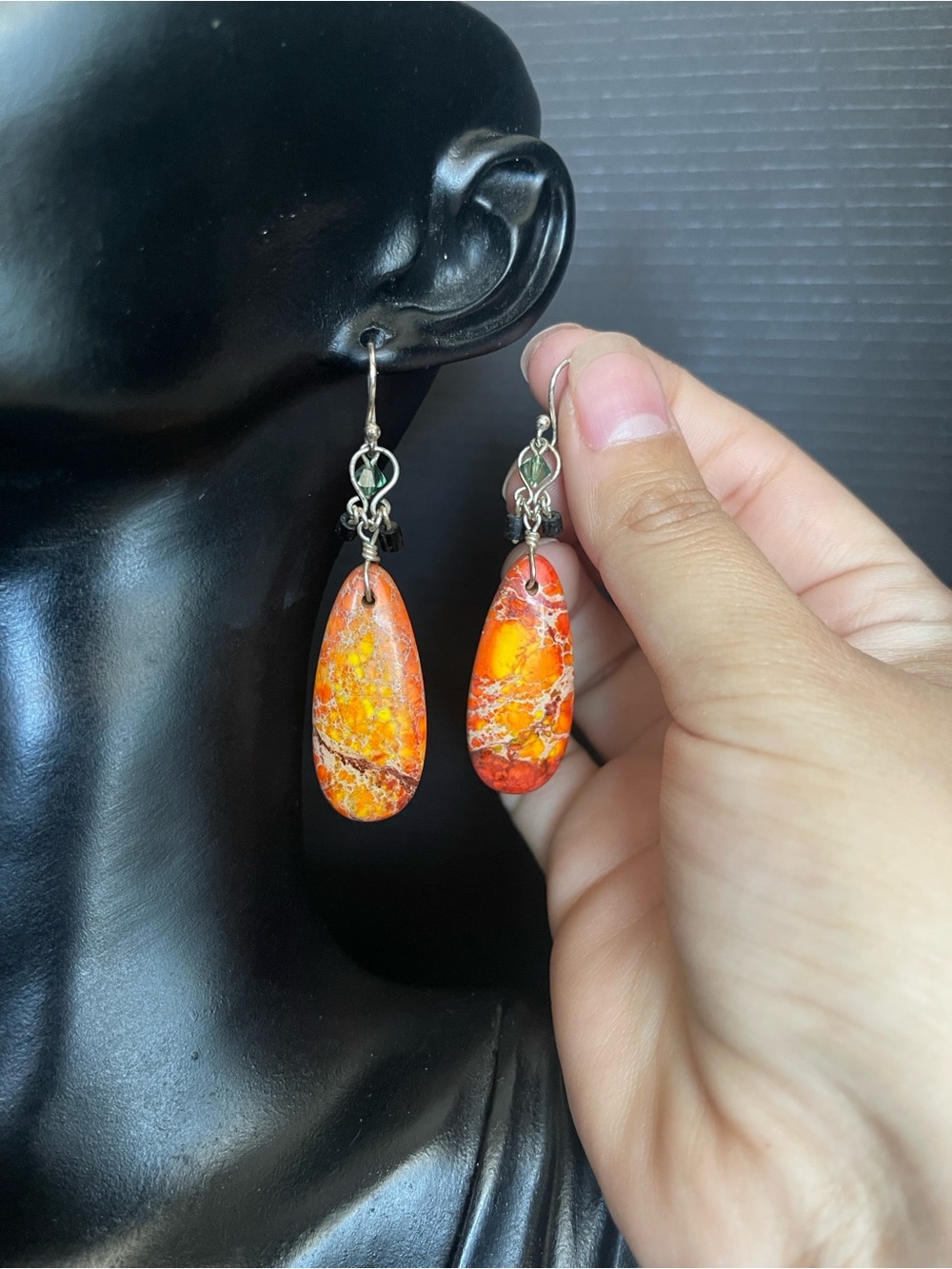 Orange jasper sterling silver crystal hook dangle drop earrings